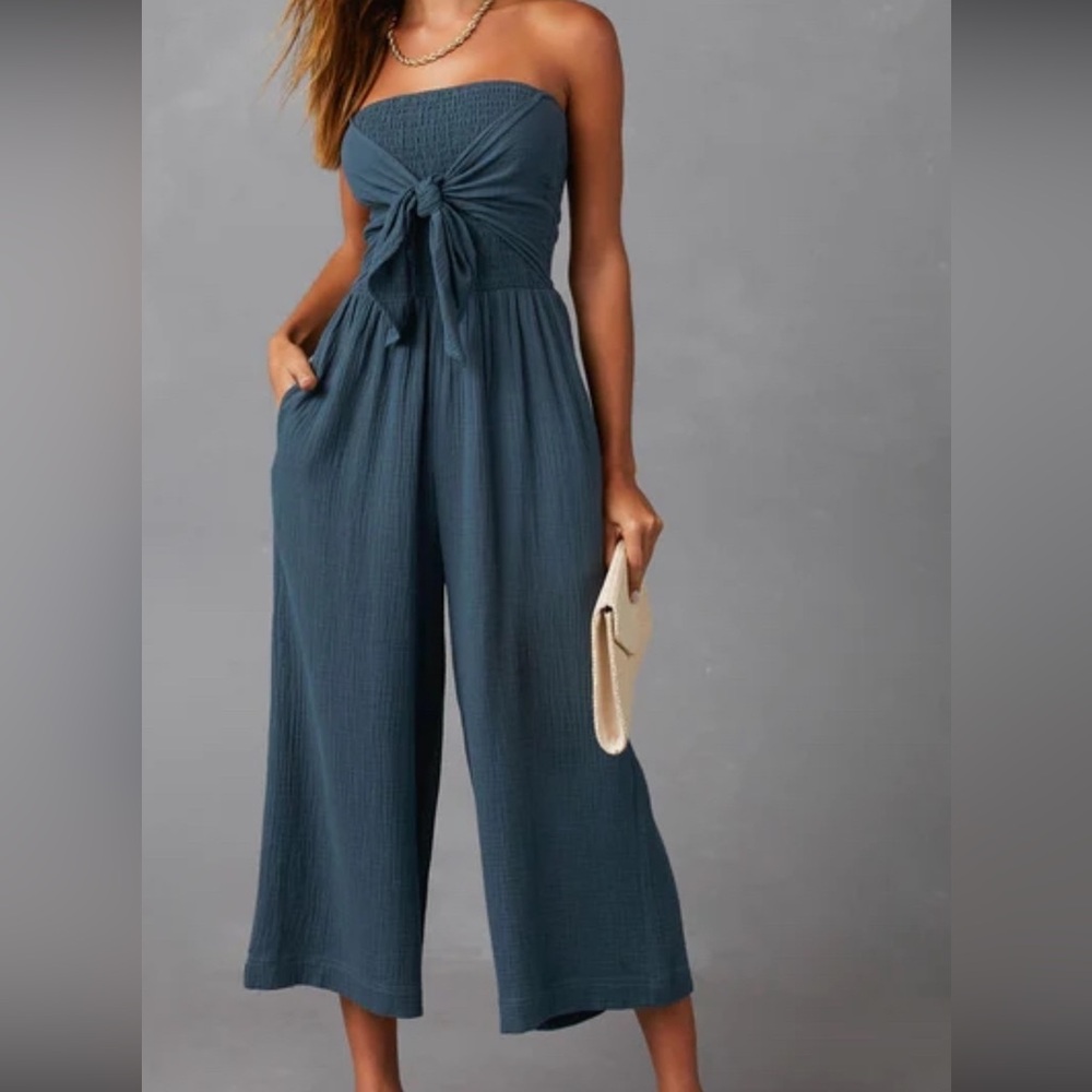 NWT VICI GRADE & GATHER ZAIA SMOCKED STRAPLESS JUMPSUIT IN LAKE BLUE SZ S